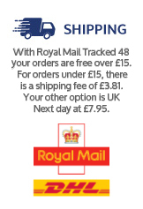 Shipping options with Royal Mail and DHL. Free over £15, £3.81 under £15, UK Next day at £7.95