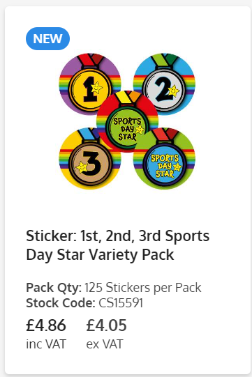 Sticker: 1st, 2nd, 3rd Sports Day Star Variety Pack, 125 stickers per pack, Stock Code: CS15591, Price: £4.86 inc VAT, £4.05 ex VAT